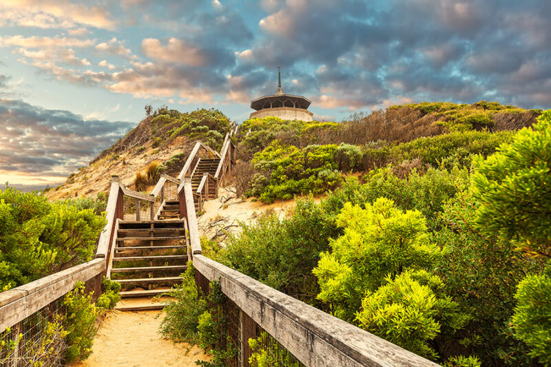 Long wooden stairs leading up to The Coppins Lookout near Sorrento Ocean Beach. Mornington Peninsula, Melbourne, Australia