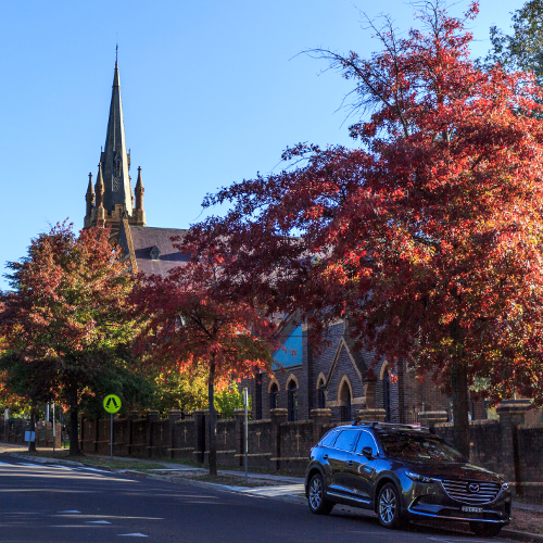 Street view of the Needle Spire of Saints Mary and Joseph Cathedral in Armidale, NSW, Australia