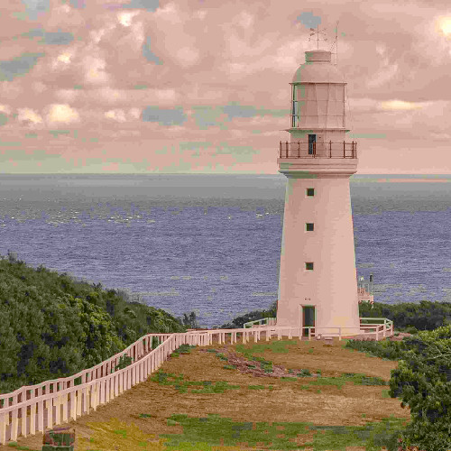 View of Cape Otway Lighthouse with ocean in the background in Australia