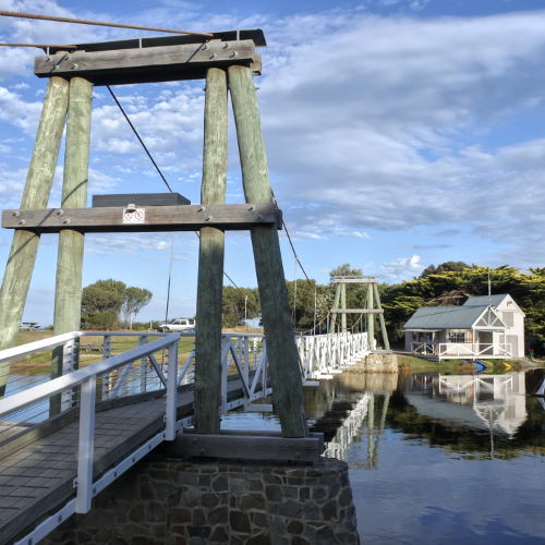 Lorne Swing Bridge and Boathouse on Erskine river, Australia