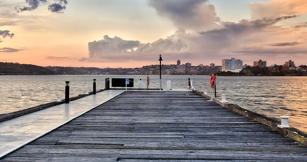N Head Q Station jetty where immigrants landed at sunset, Australia