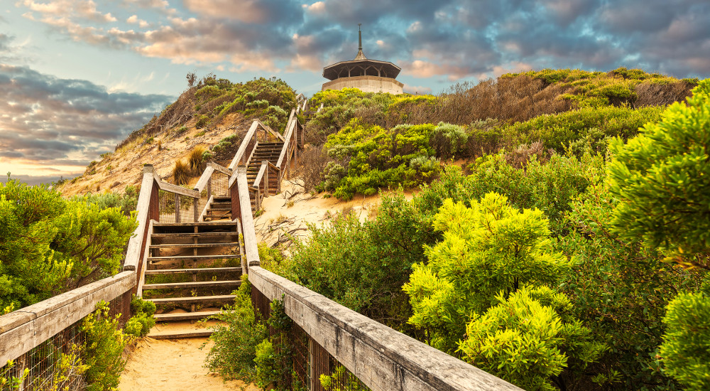 Long wooden stairs leading up to The Coppins Lookout near Sorrento Ocean Beach. Mornington Peninsula, Melbourne, Australia