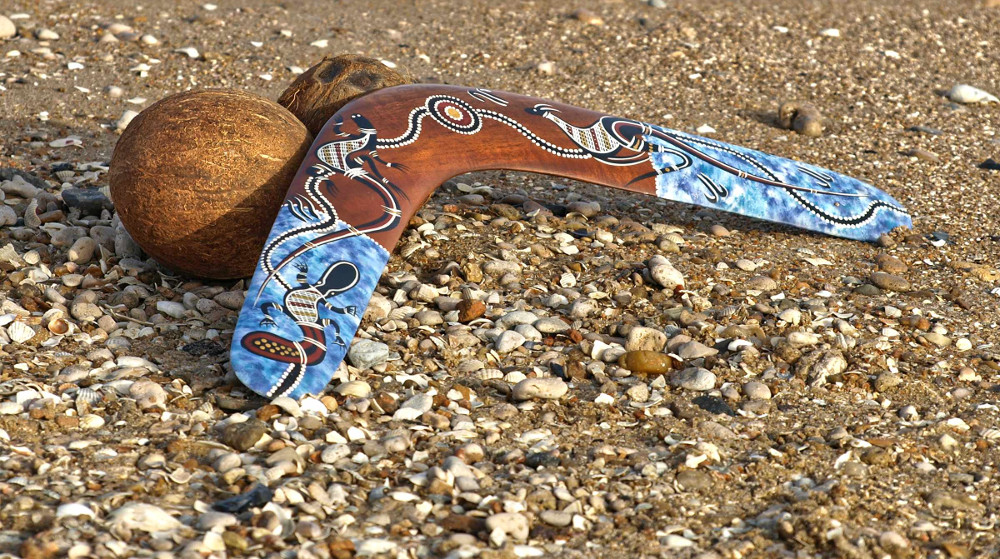 Aboriginal symbol boomerang and coconut, Australia