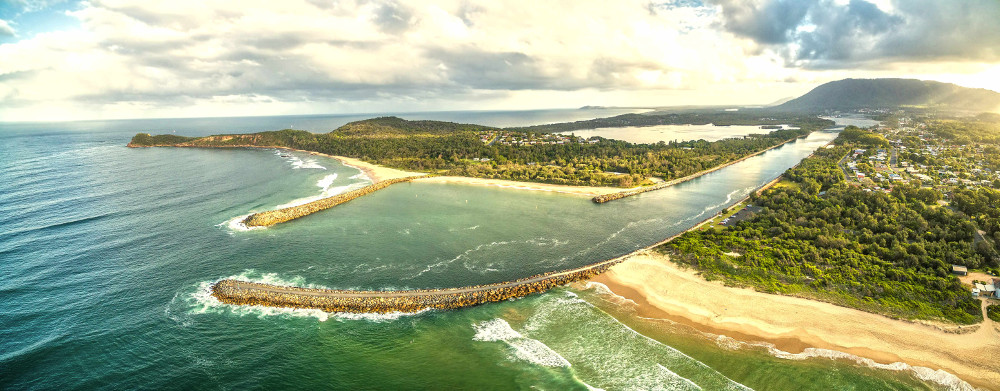 Camden Haven Inlet at sunset aerial view, Australia