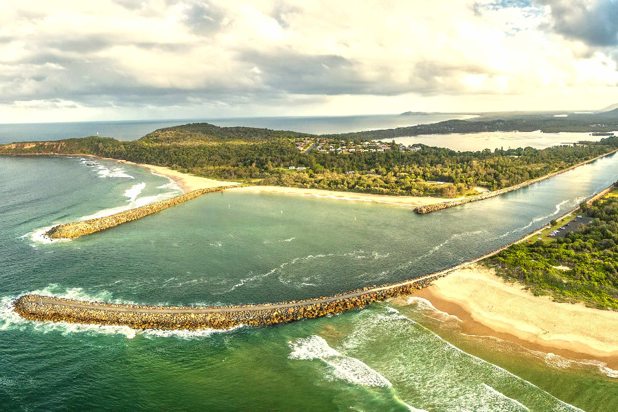 Camden Haven Inlet at sunset aerial view, Australia